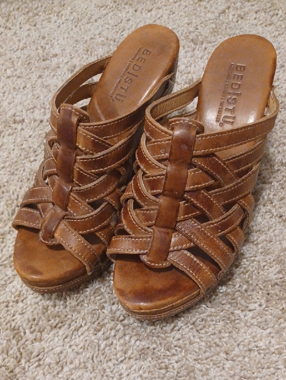 BED|STU Gina II Women's Woven Leather Slide Mules in Cognac Brown